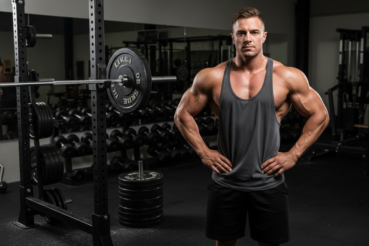 masculine male powerlifter in the gym wearing one on my tank tops 